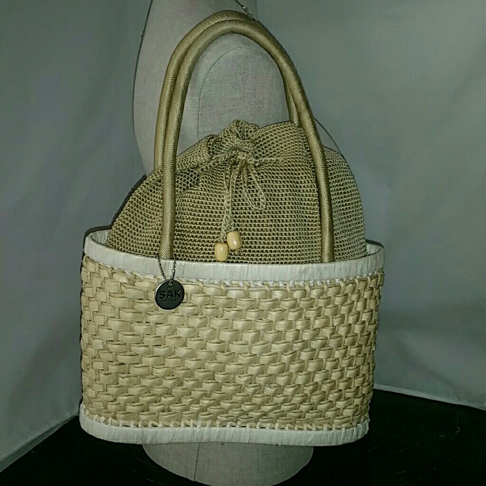 The Sac Wicker Basket Purse tote Handbag Beige Tan